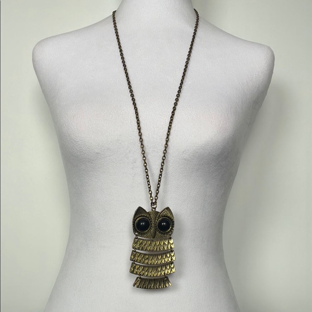 Vintage Owl Pendant Long Necklace in Gold and Black